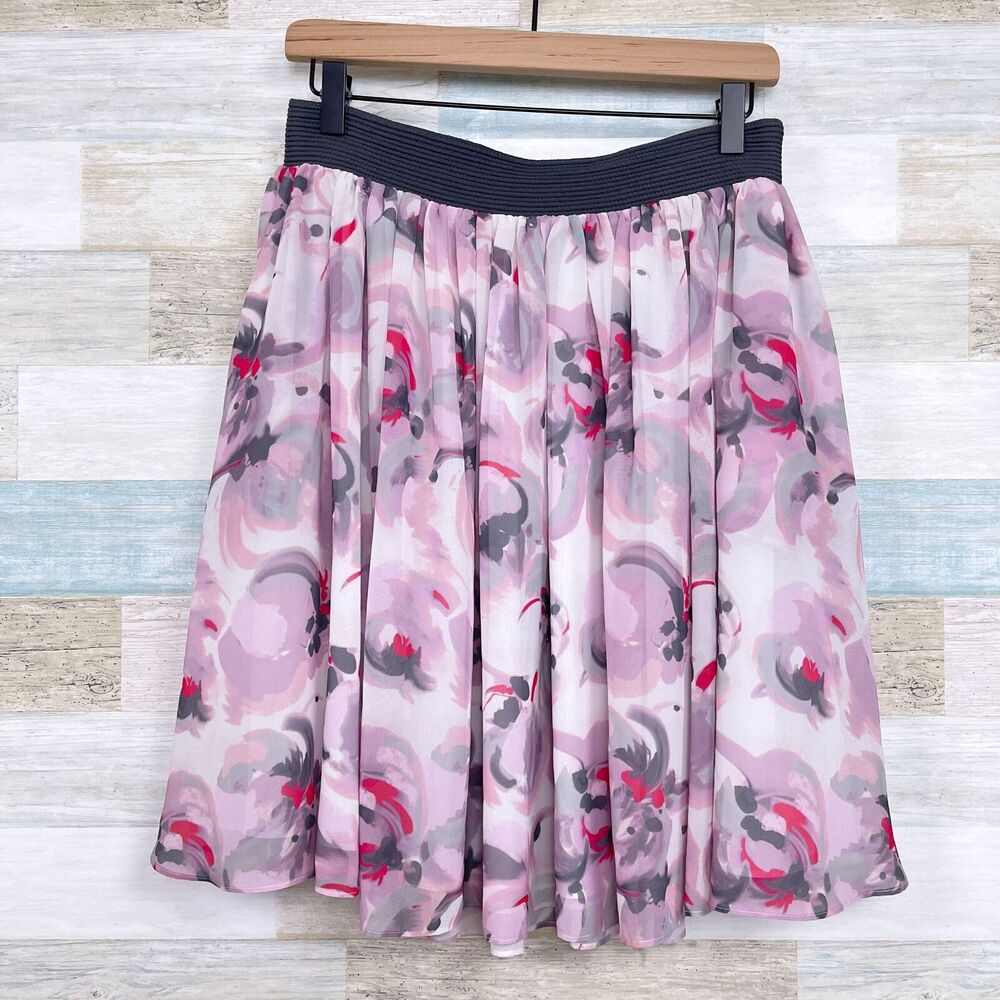 REISS Rose Floral Chiffon Mason Flare Skirt Pink Gray Lined Casual Womens 8